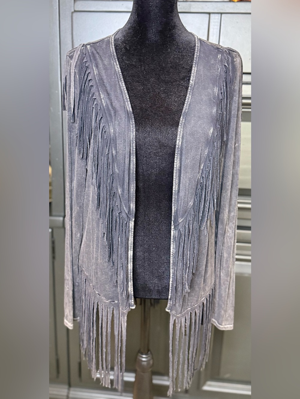 Vintage Y2K indigo thread co distressed black fringe rayon cardigan western chic